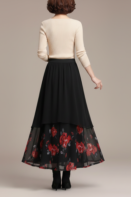 Pantalon Jupe Noir Chiffon Imprimé Floral Ample - Polyester - vue 2