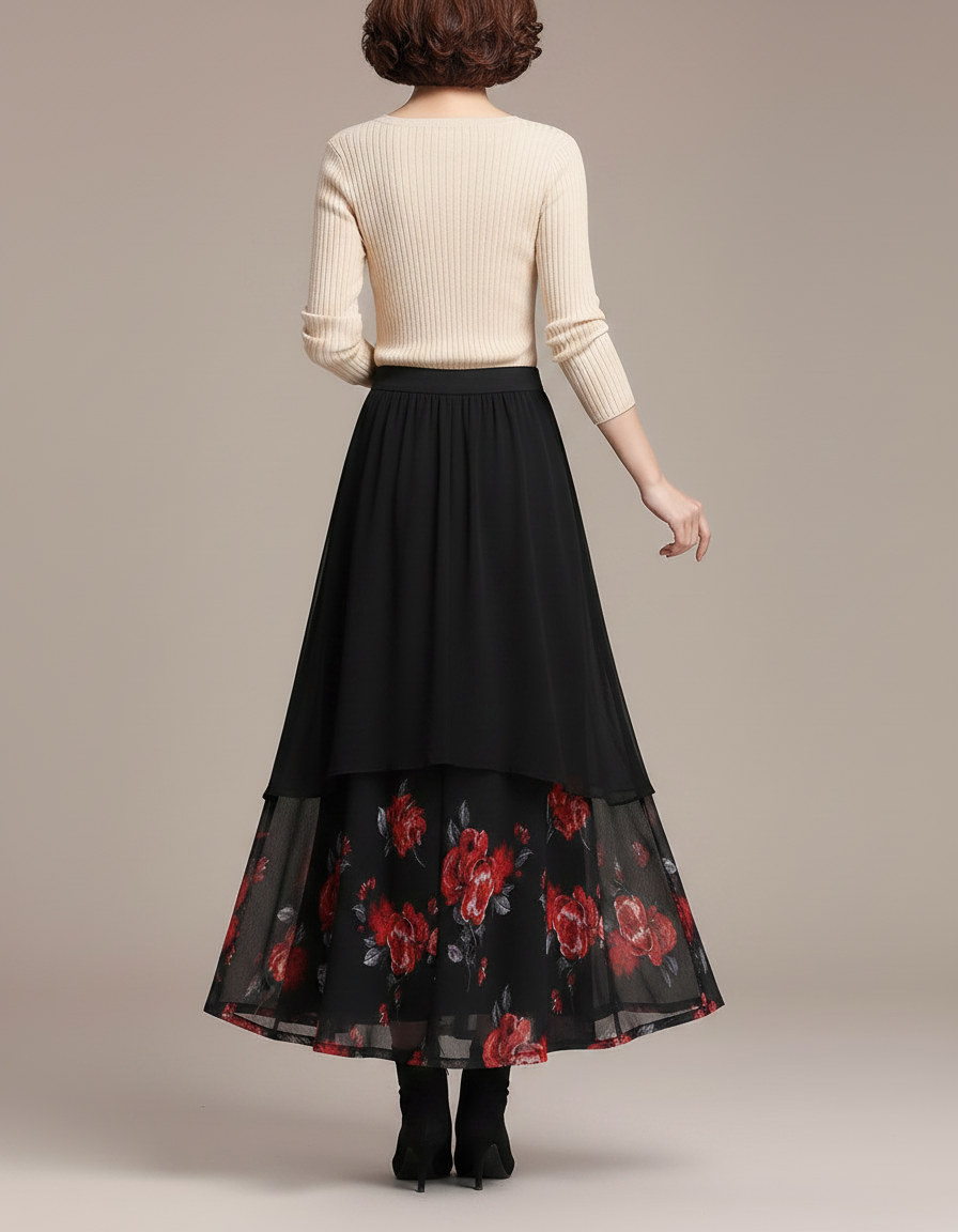 Pantalon Jupe Noir Chiffon Imprimé Floral Ample - Polyester - vue 2
