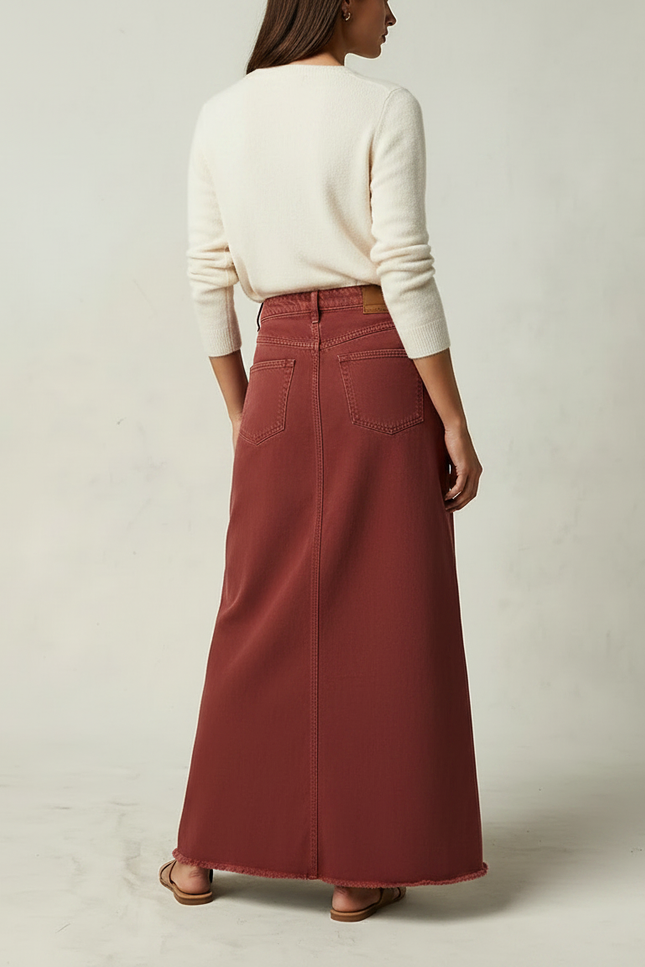Pantalon Jupe Marron Maxi Denim Taille Haute - Bordeaux Jean - vue 2