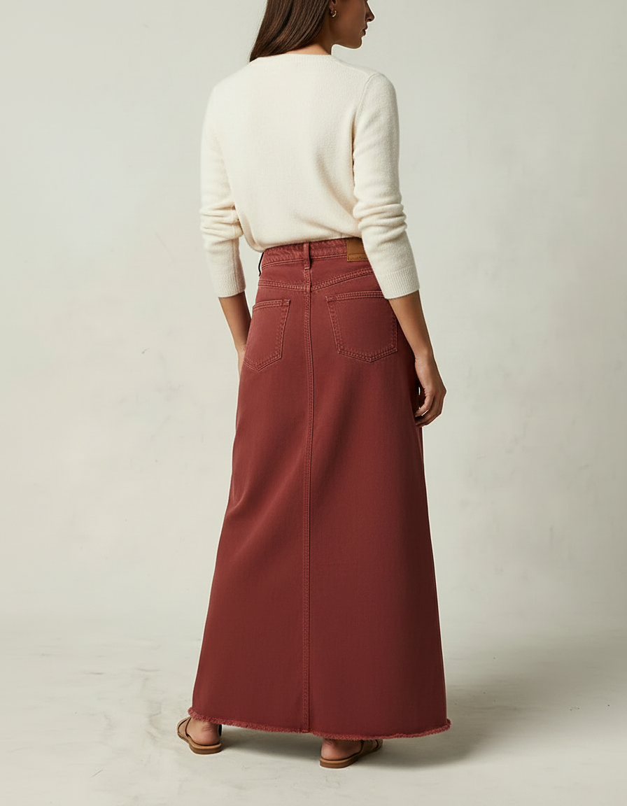 Pantalon Jupe Marron Maxi Denim Taille Haute - Bordeaux Jean - vue 2