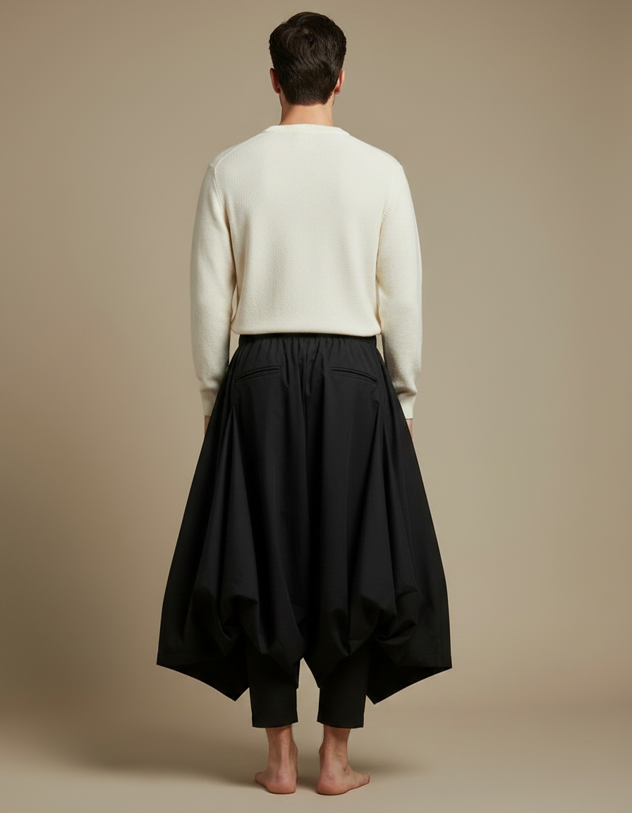 Pantalon Jupe Noir Asymétrique Ample Déstructuré Homme - Coton - vue 2