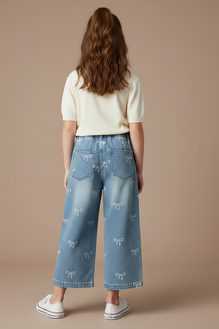 Pantalon Jupe Denim Ample Imprimé Nœuds Enfant - Bleu Jean - vue 2