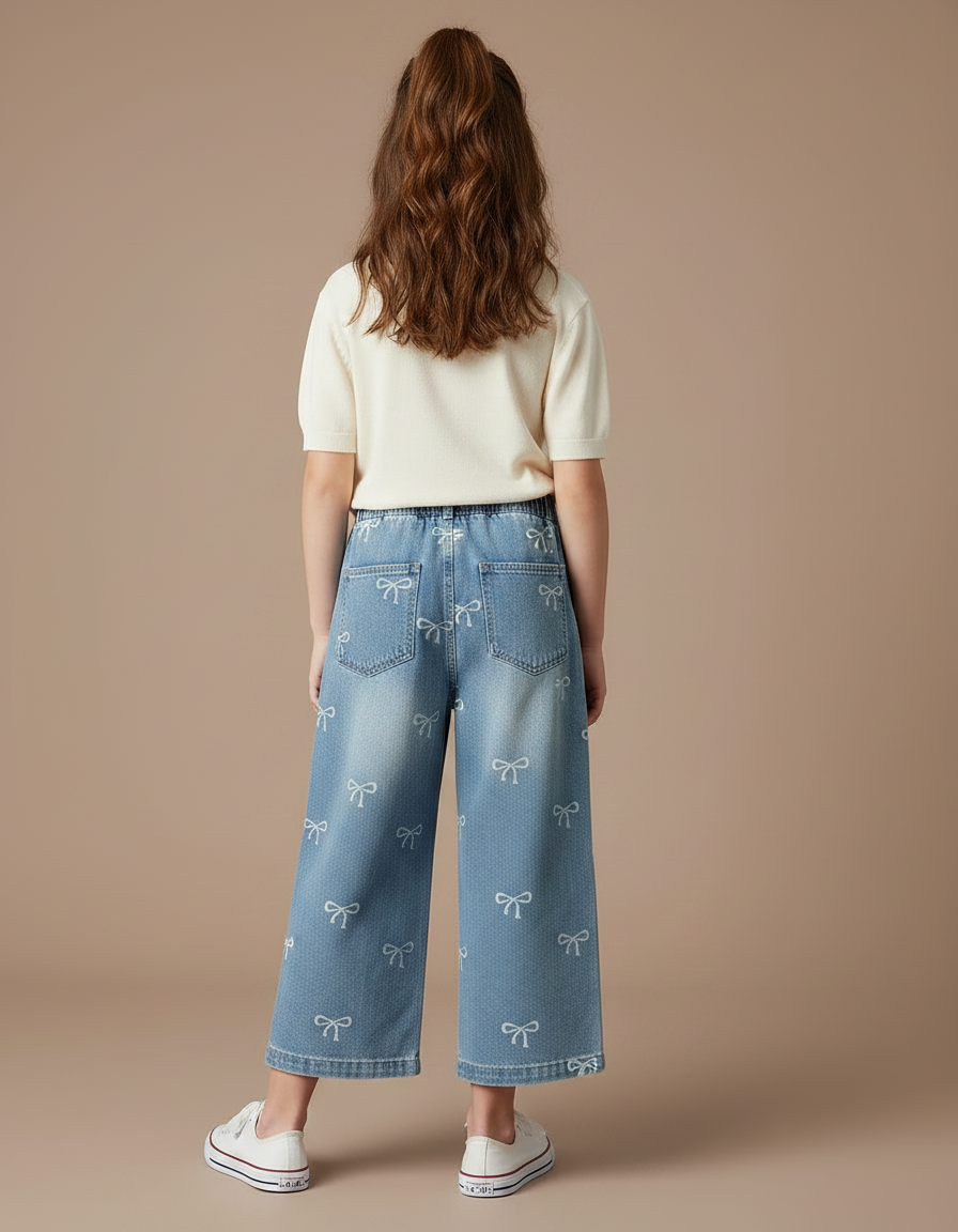 Pantalon Jupe Denim Ample Imprimé Nœuds Enfant - Bleu Jean - vue 2