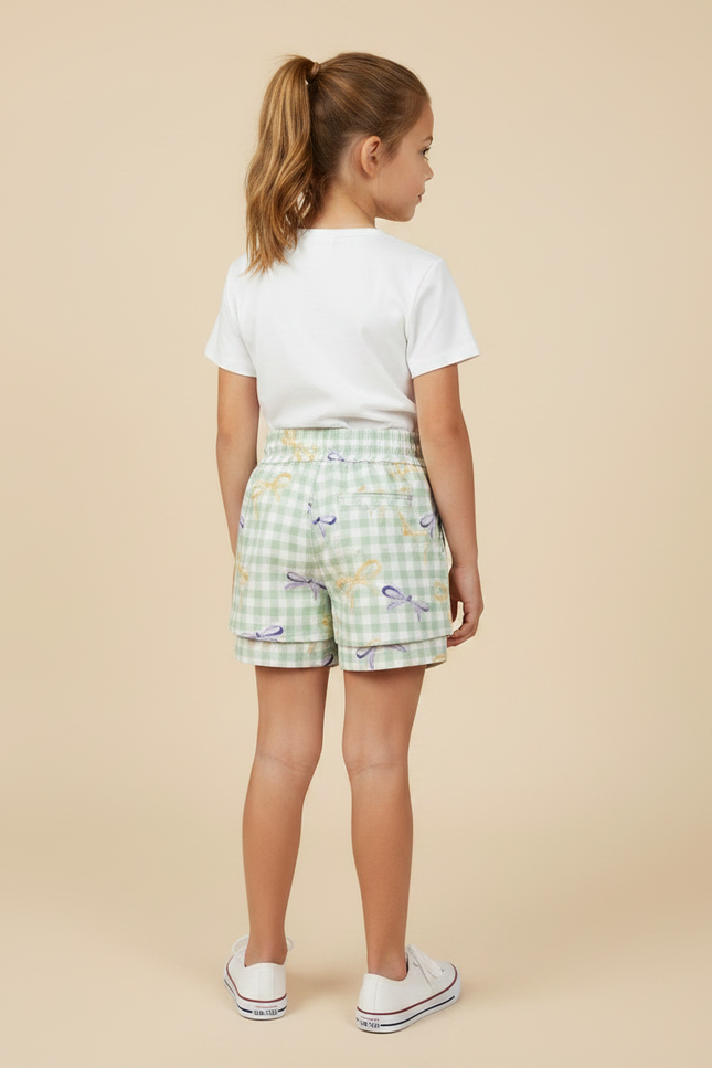 Pantalon Jupe Carreaux Vert Menthe Nœuds Superposé Coton Enfant - vue 2