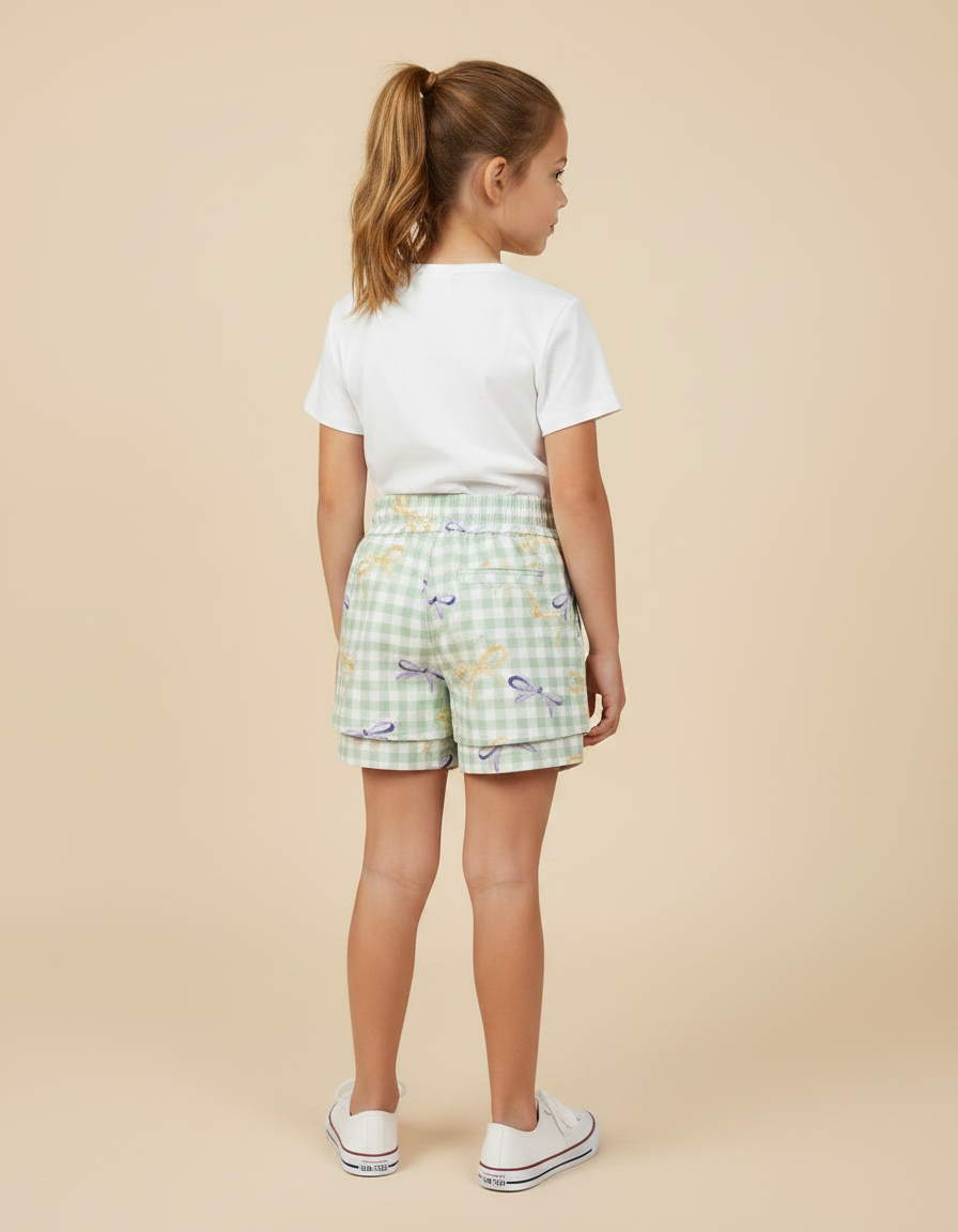 Pantalon Jupe Carreaux Vert Menthe Nœuds Superposé Coton Enfant - vue 2