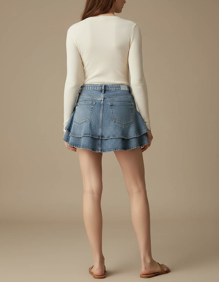 Pantalon Jupe Denim Bleu Volants Superposés Femme - Jean - vue 2