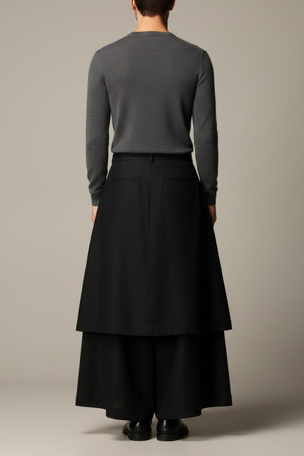 Pantalon Jupe Noir Ample Asymétrique Fluide Unisexe - Gabardine - vue 2