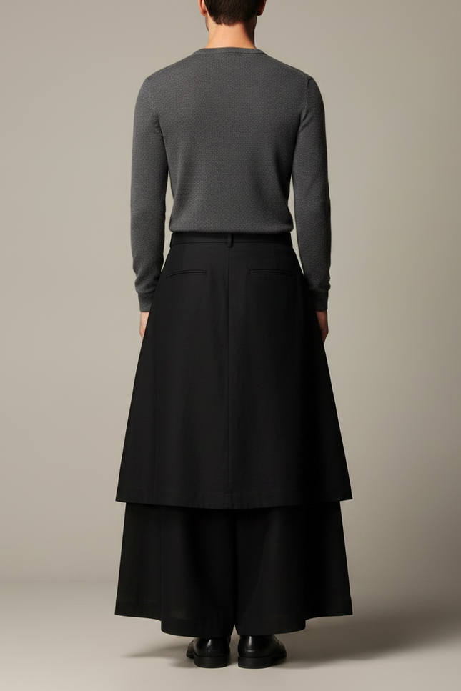 Pantalon Jupe Noir Ample Asymétrique Fluide Unisexe - Gabardine - vue 2