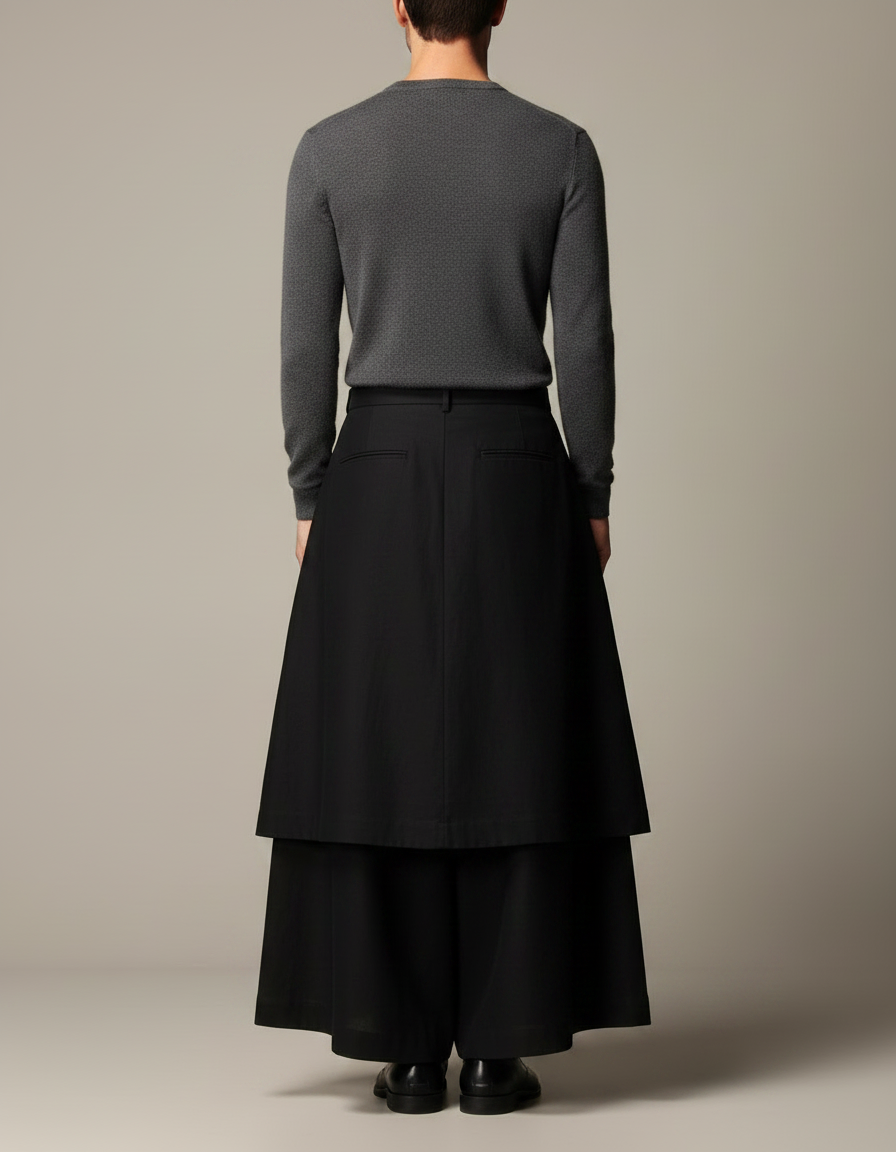 Pantalon Jupe Noir Ample Asymétrique Fluide Unisexe - Gabardine - vue 2