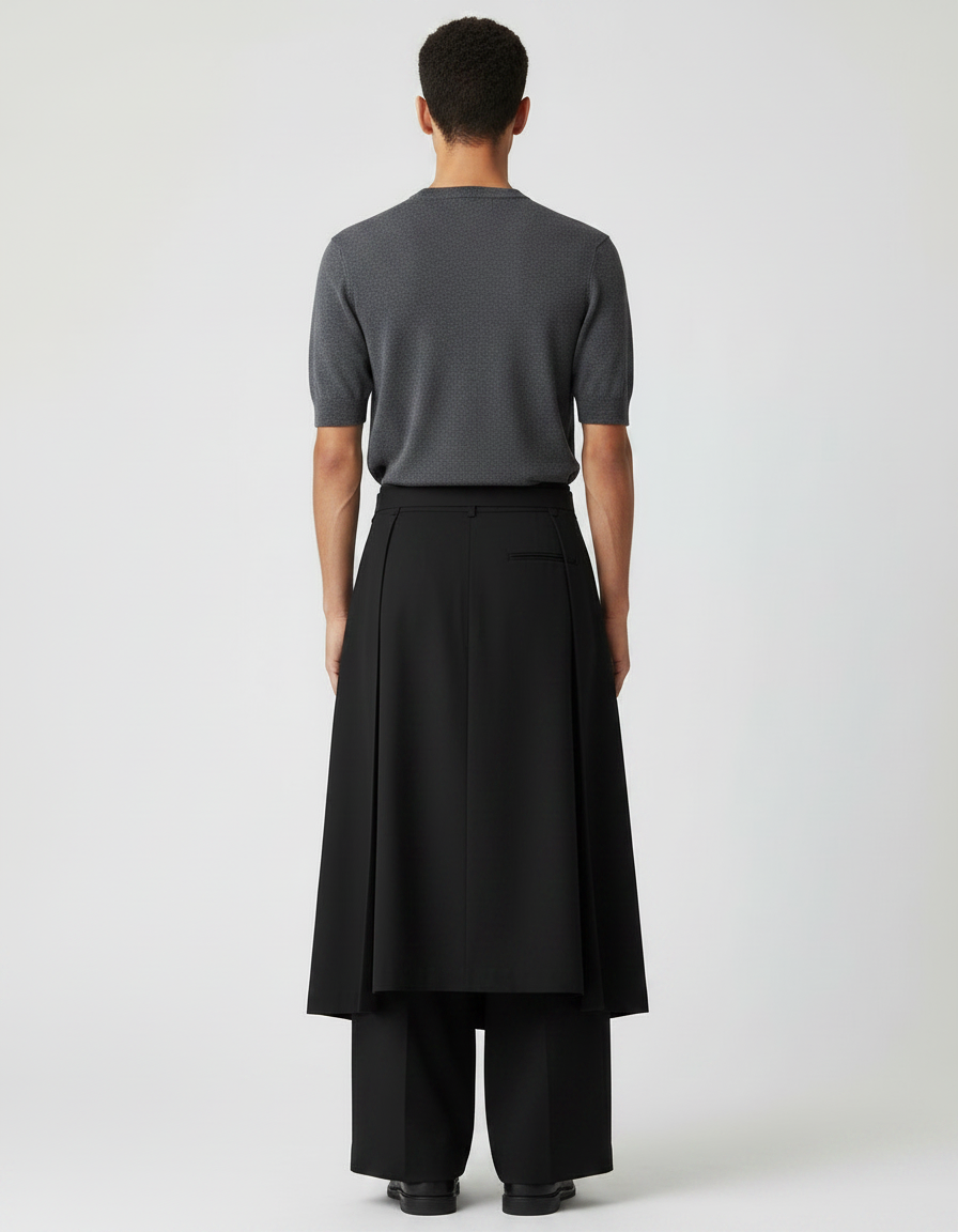 Pantalon Jupe Noir Ample Ceinturé Élégant Unisexe - Polyester - vue 2