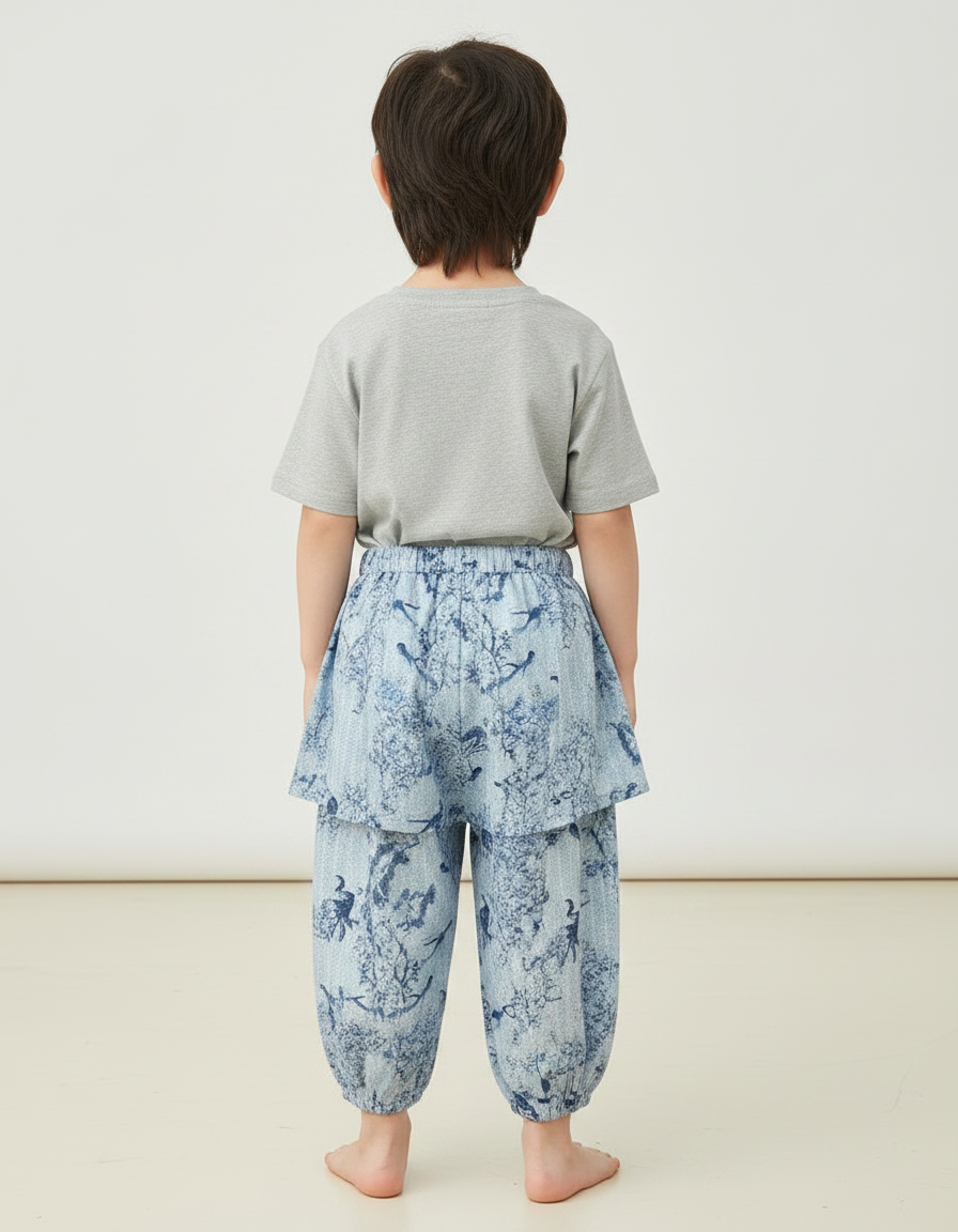 Pantalon Jupe Imprimé Oiseaux Bleu Coton Enfant - vue 2