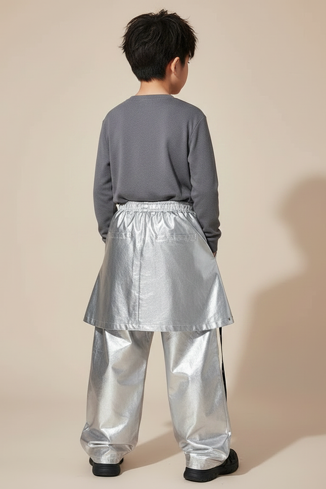 Pantalon Jupe Argenté Brillant Ample Futuriste Garçon - Polyester - vue 2