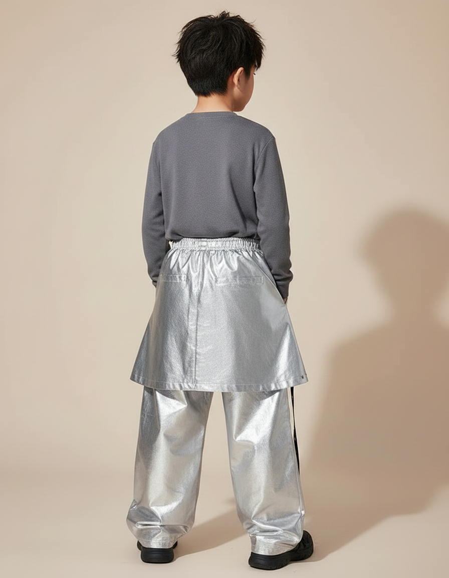 Pantalon Jupe Argenté Brillant Ample Futuriste Garçon - Polyester - vue 2