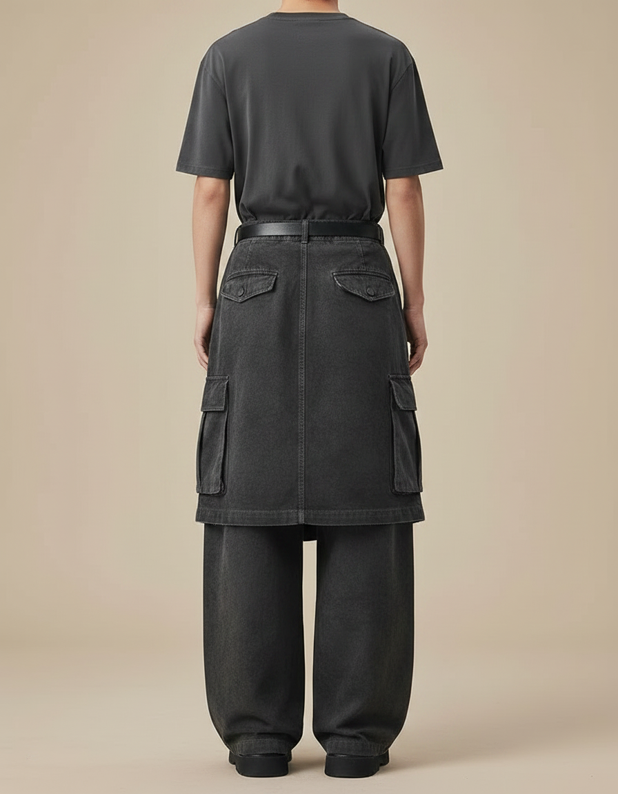 Pantalon Jupe Cargo Gris Déstructuré Ample Décontracté - Jean - vue 2