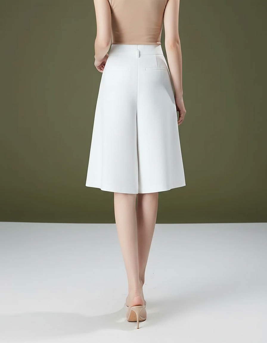Pantalon Jupe Blanc Plissé Boutons Élégant Décontracté - Polyester - vue 2
