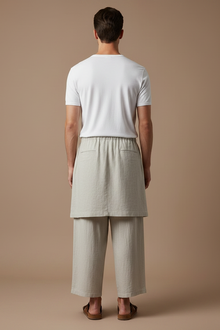 Pantalon Jupe Lin Drapé Ample Beige Homme - vue 2