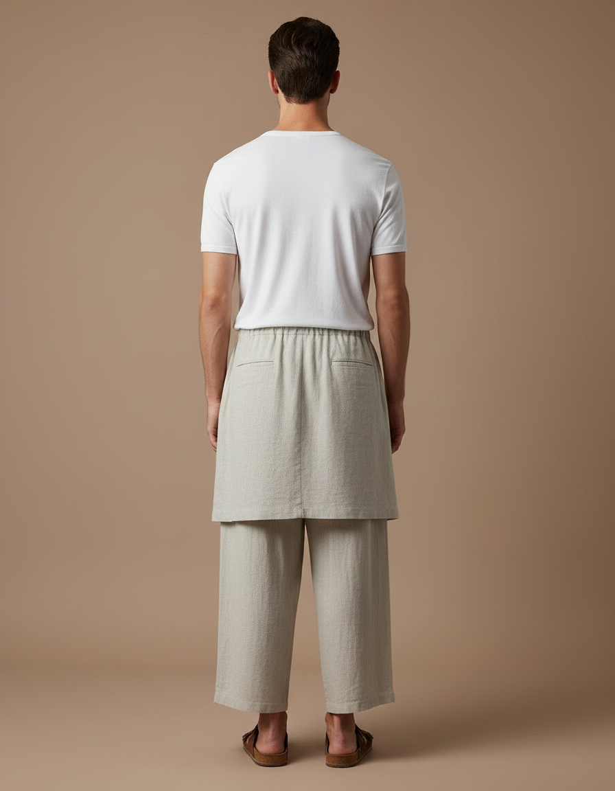 Pantalon Jupe Lin Drapé Ample Beige Homme - vue 2