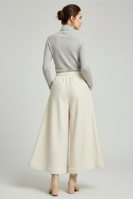 Pantalon Jupe Crème Côtelé Ample Décontracté Fluide - Beige Cordé - vue 2