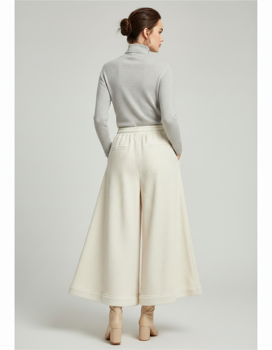 Pantalon Jupe Crème Côtelé Ample Décontracté Fluide - Beige Cordé - vue 2