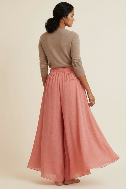Pantalon Jupe Rose Ample Fluide Superposé Élégant - Viscose - vue 2