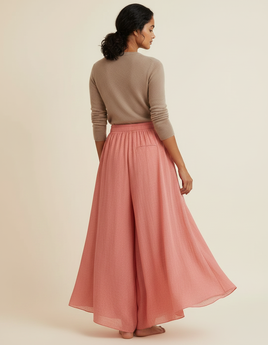 Pantalon Jupe Rose Ample Fluide Superposé Élégant - Viscose - vue 2
