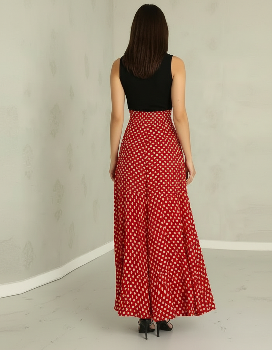 Pantalon Jupe Rouge Pois Maxi Fluide Élégant - Polyester - vue 2