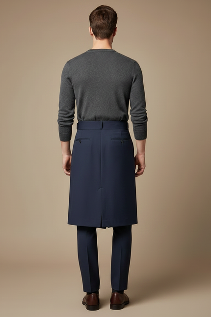 Pantalon Jupe Homme Bleu Marine Plissé Élégant Moderne - Gabardine - vue 2