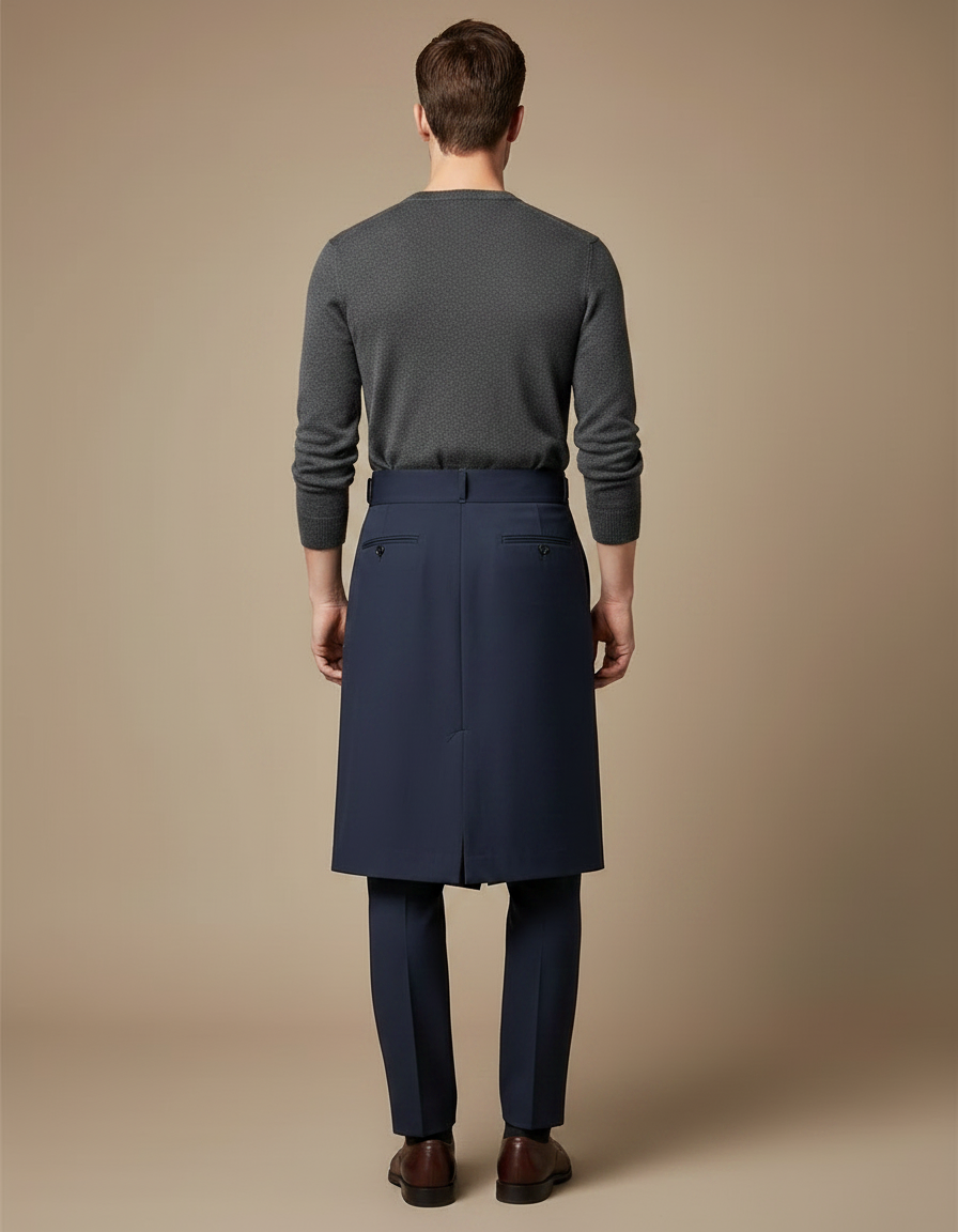 Pantalon Jupe Homme Bleu Marine Plissé Élégant Moderne - Gabardine - vue 2