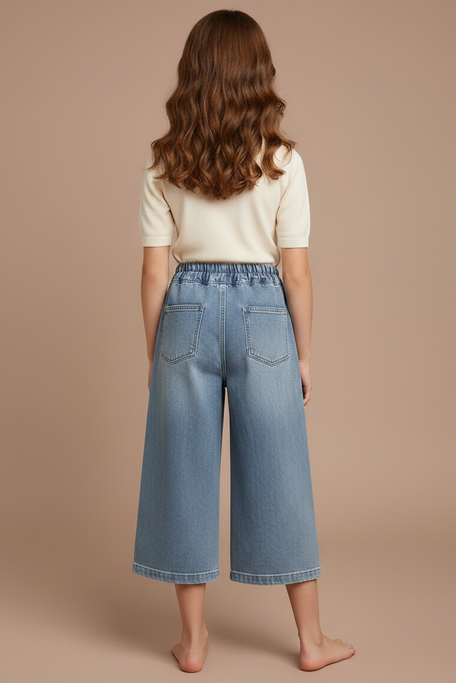 Pantalon Jupe Denim Brodé Nœuds Ample Enfant - Bleu Jean - vue 2