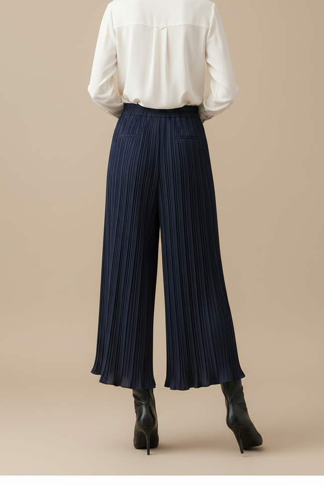 Pantalon Jupe Plissé Ample Long Bleu Marine Élégant - Polyester - vue 2