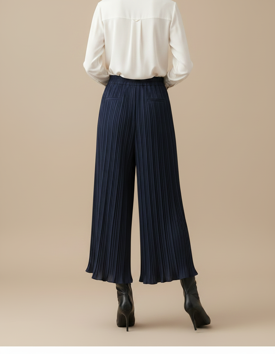 Pantalon Jupe Plissé Ample Long Bleu Marine Élégant - Polyester - vue 2
