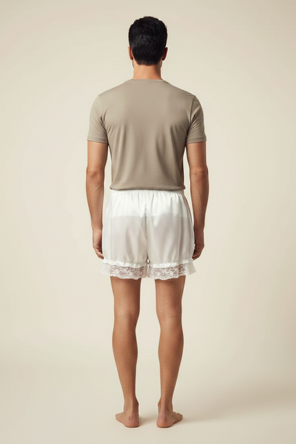 Pantalon Jupe Blanc Satiné Dentelle Homme Court - vue 2