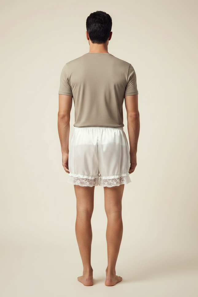 Pantalon Jupe Blanc Satiné Dentelle Homme Court - vue 2