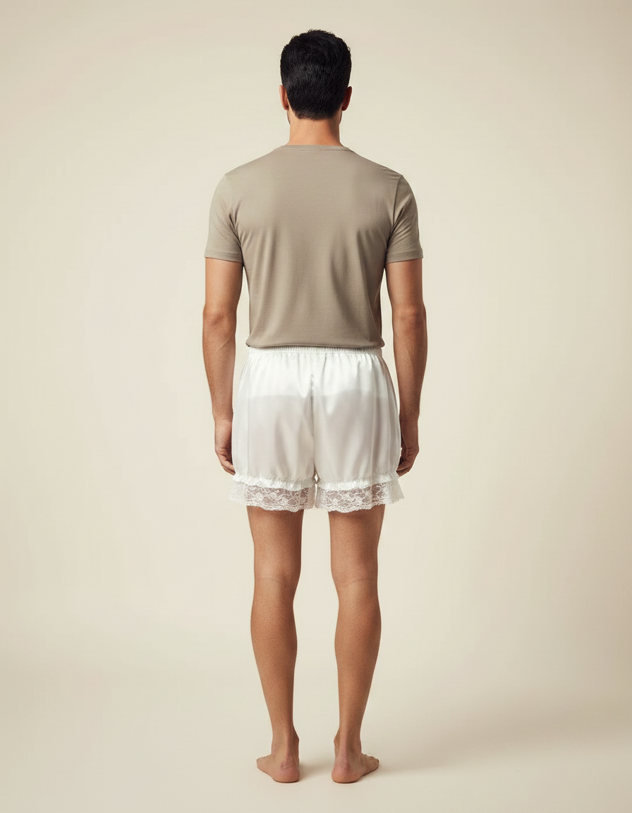 Pantalon Jupe Blanc Satiné Dentelle Homme Court - vue 2