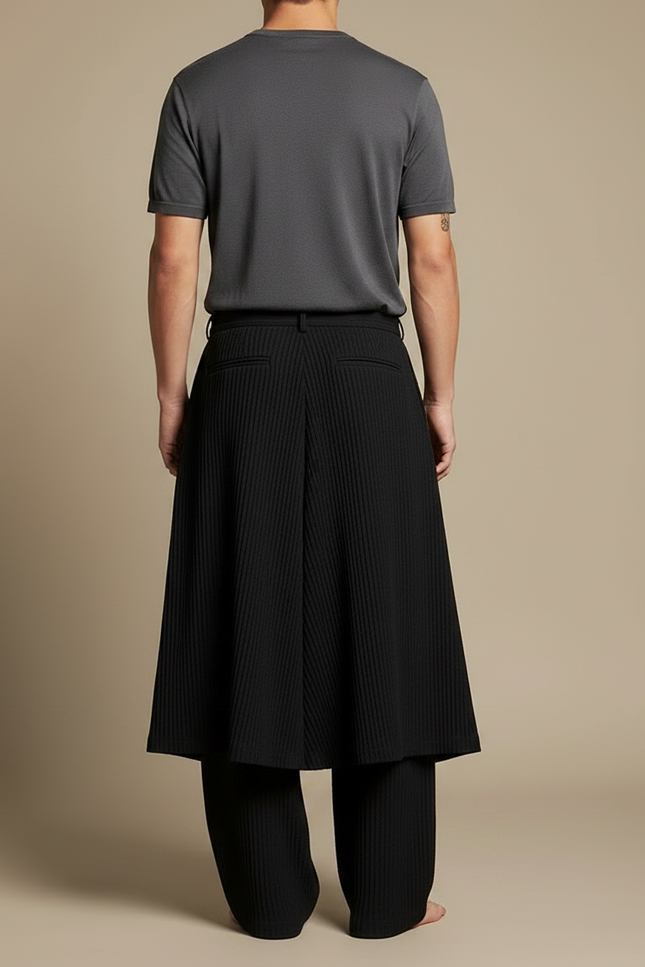 Pantalon Jupe Plissé Noir Ample Élégant Homme - Polyester - vue 2