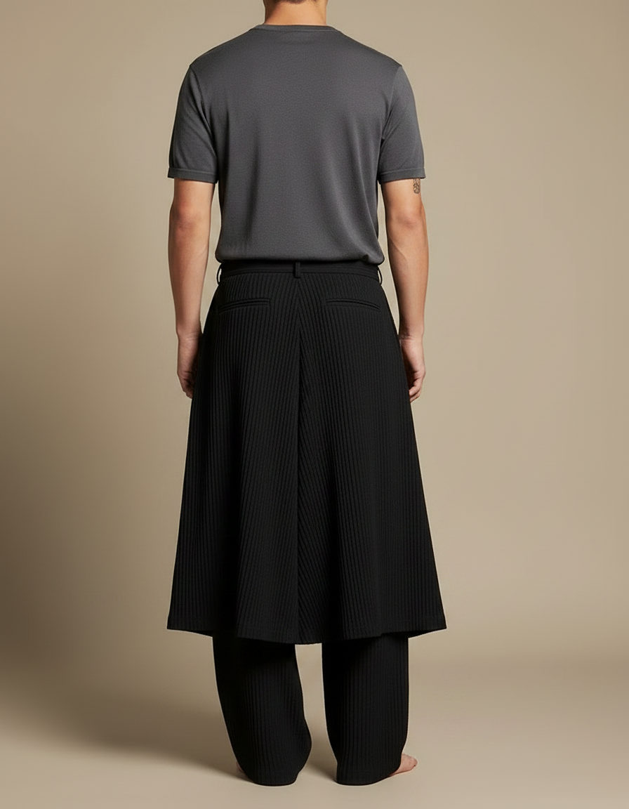 Pantalon Jupe Plissé Noir Ample Élégant Homme - Polyester - vue 2