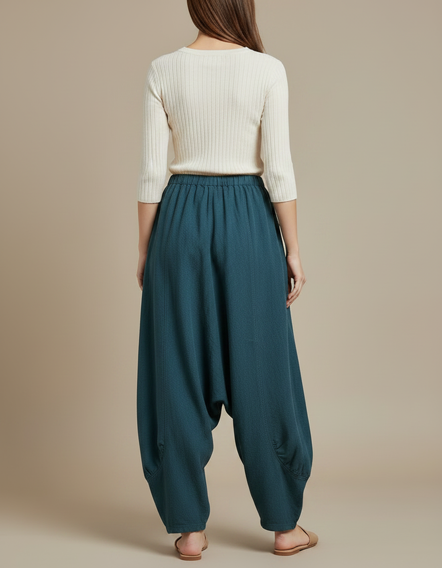 Pantalon Jupe Ample Coton Lin Vert Décontracté - vue 2
