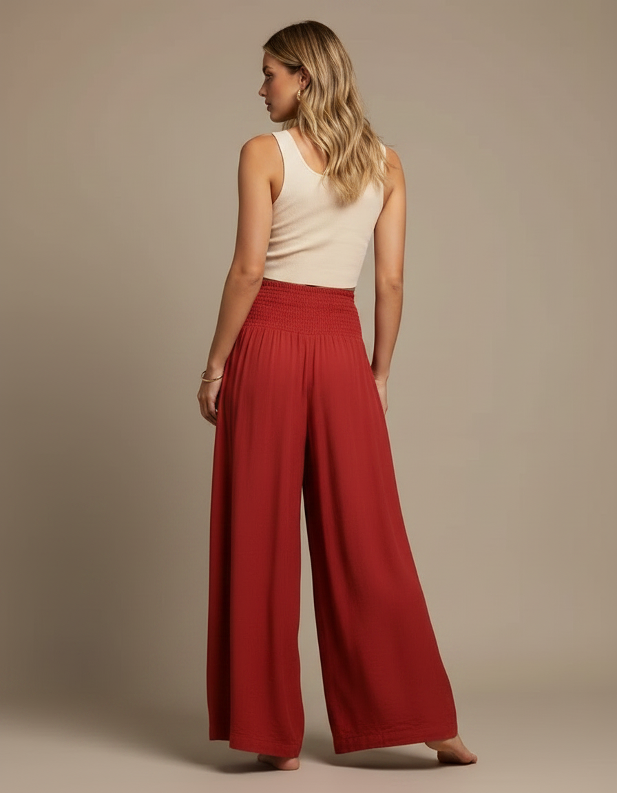 Pantalon Jupe Rouge Ample Fluide Smocké Décontracté - Viscose - vue 2
