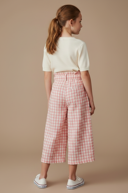 Pantalon Jupe Carreaux Rose Taille Haute Ample Fille - Lin - vue 2