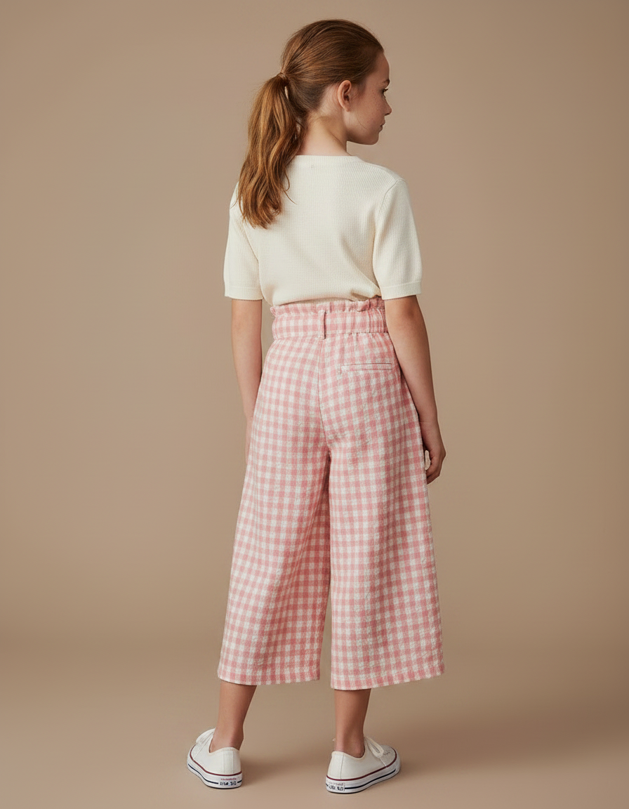 Pantalon Jupe Carreaux Rose Taille Haute Ample Fille - Lin - vue 2