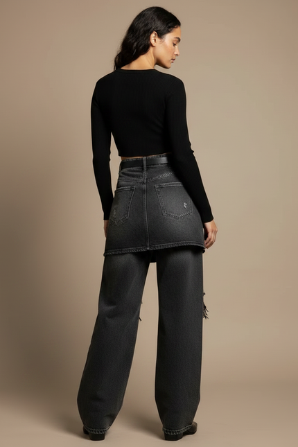 Pantalon Jupe Jean Gris Effilé Large Décontracté - vue 2