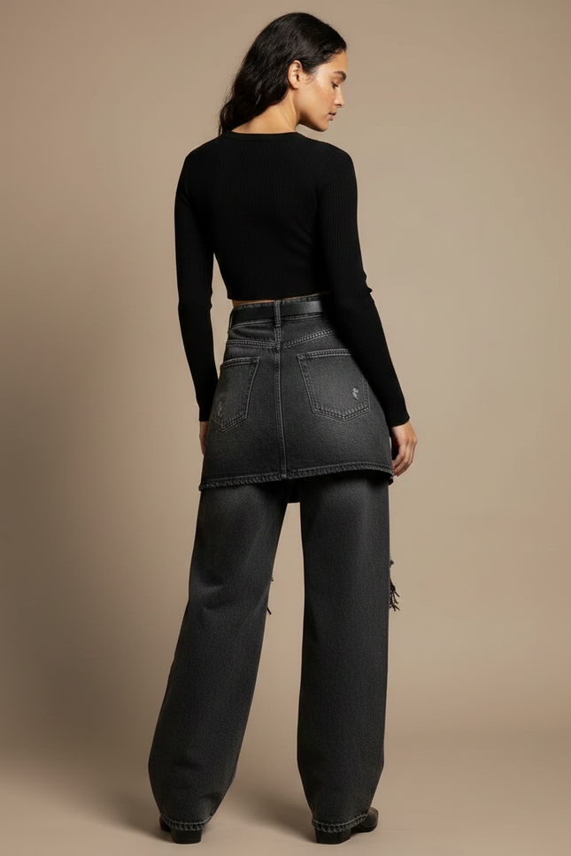 Pantalon Jupe Jean Gris Effilé Large Décontracté - vue 2