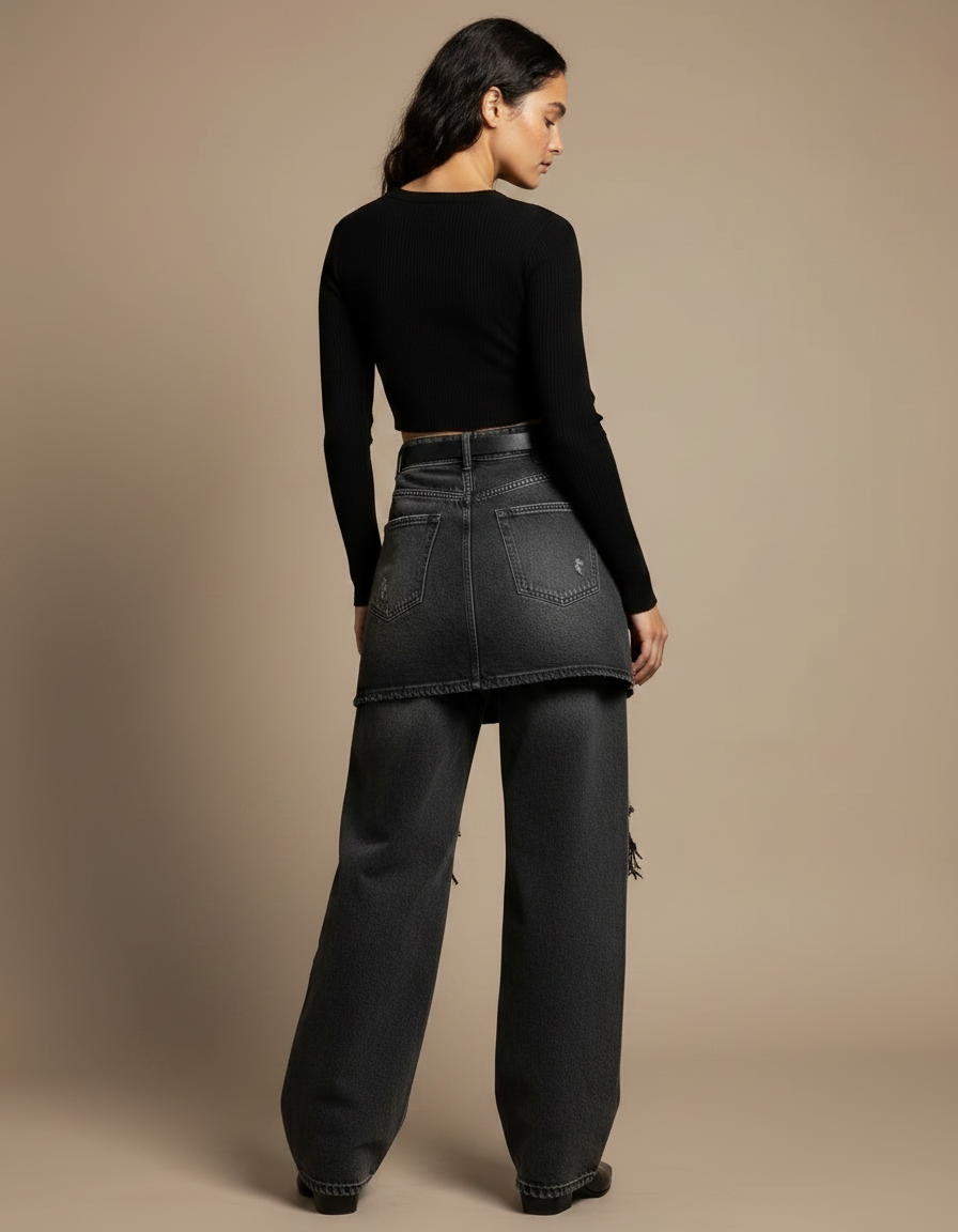 Pantalon Jupe Jean Gris Effilé Large Décontracté - vue 2