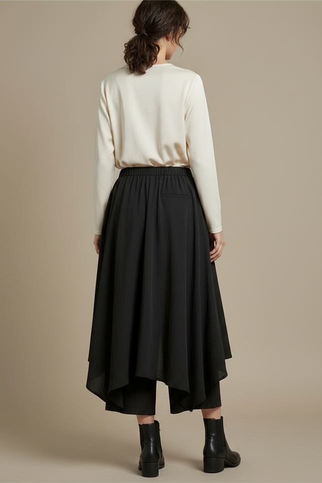 Pantalon Jupe Noir Asymétrique Fluide Superposé Élégant - Viscose - vue 2