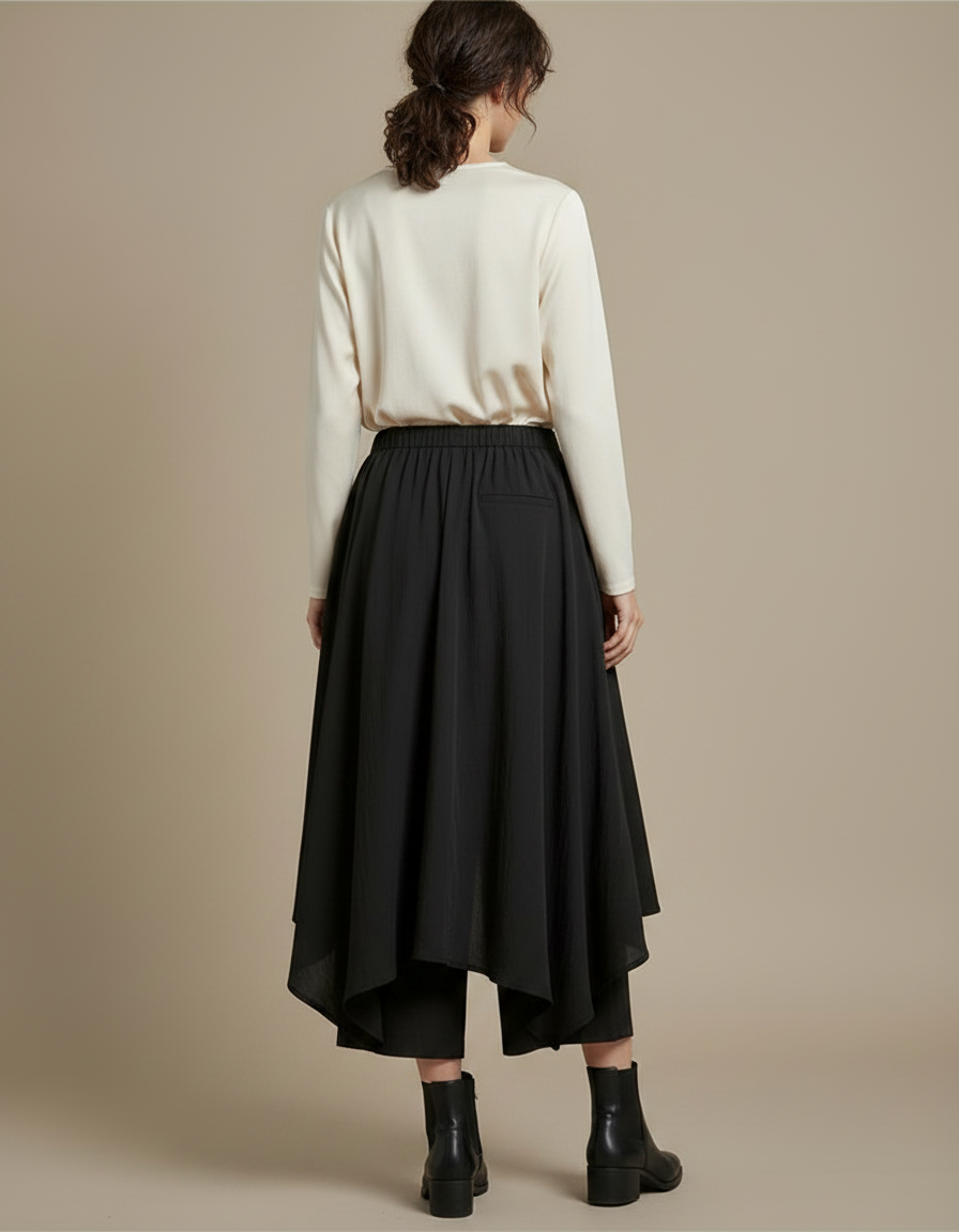 Pantalon Jupe Noir Asymétrique Fluide Superposé Élégant - Viscose - vue 2