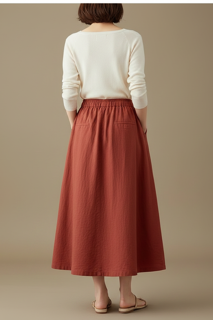 Pantalon Jupe Rouge Brique Ample Coton Lin Fendu - vue 2