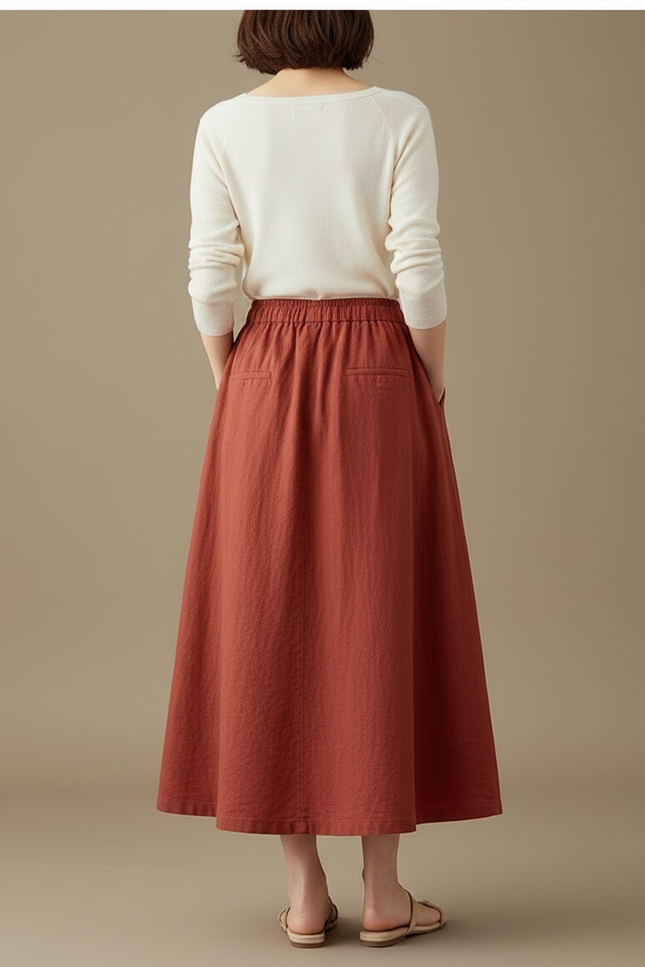 Pantalon Jupe Rouge Brique Ample Coton Lin Fendu - vue 2