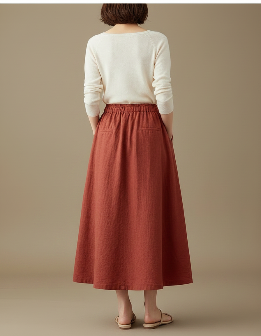 Pantalon Jupe Rouge Brique Ample Coton Lin Fendu - vue 2