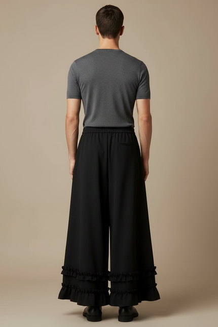 Pantalon Jupe Noir Ample Volants Plissés Fluide - Polyester - vue 2