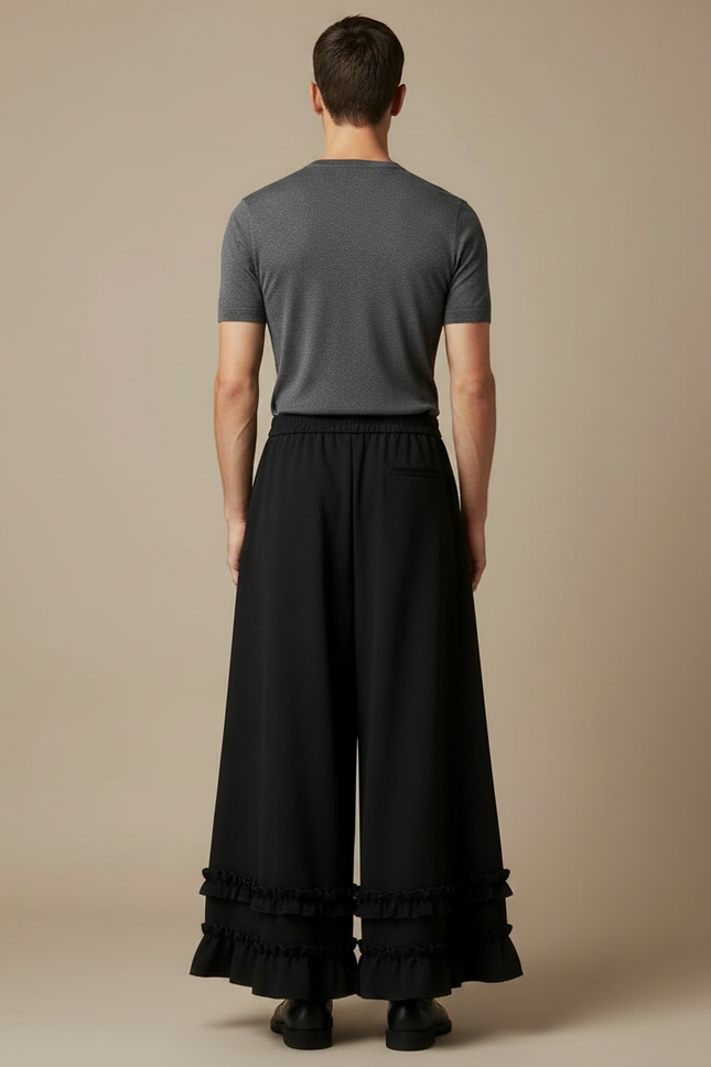 Pantalon Jupe Noir Ample Volants Plissés Fluide - Polyester - vue 2